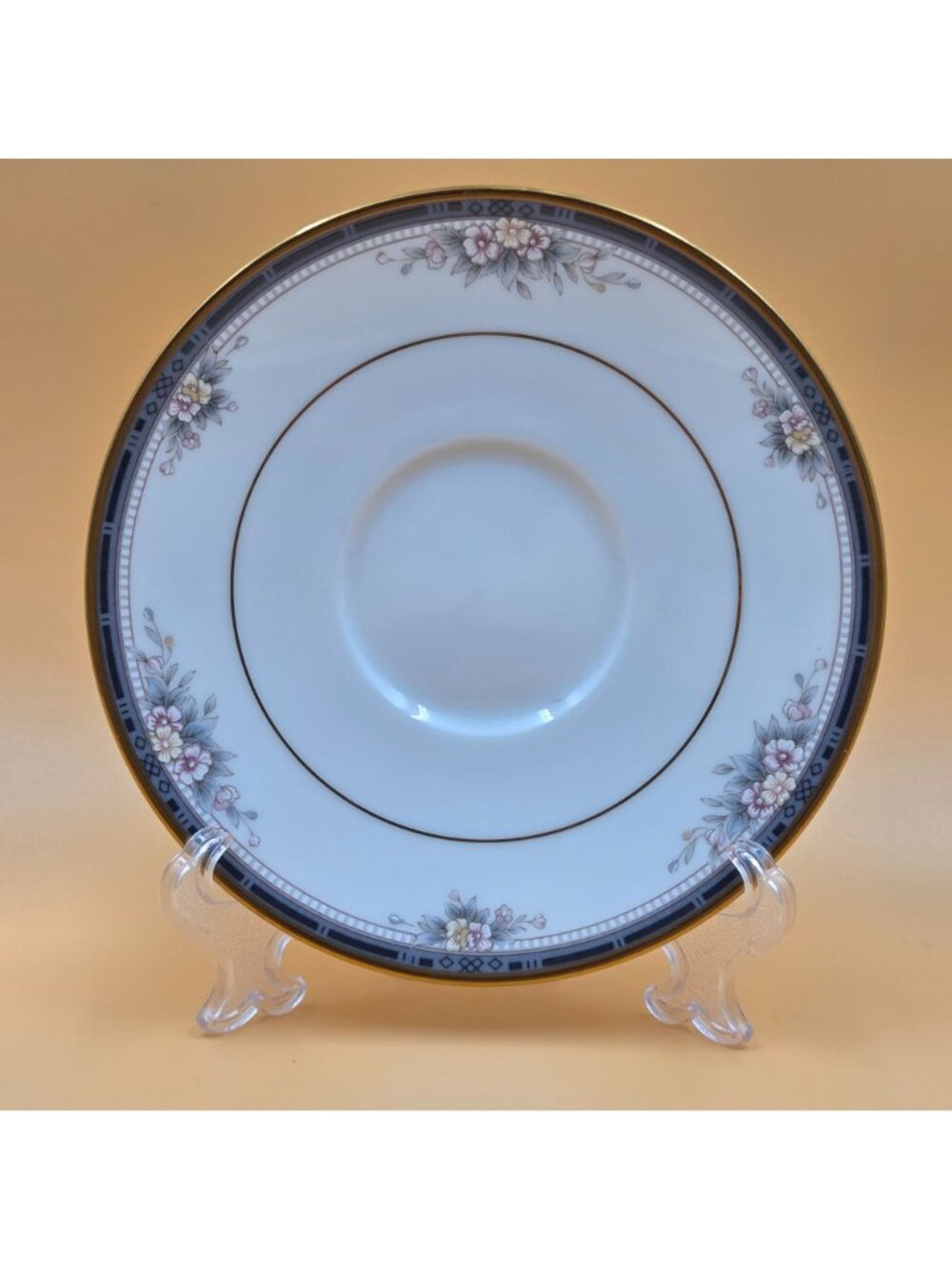 Noritake Ontario Set of 4 Footed Cup and Saucer Blue Gray Band White Pink Flower - Picture 5 of 16